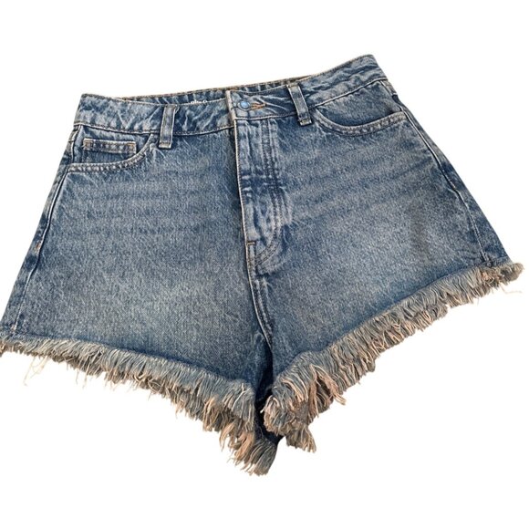 Rita Ora x Primark Womens Denim Shorts Frayed SZ 4  5 Pockets Button Fly Front - Picture 1 of 8